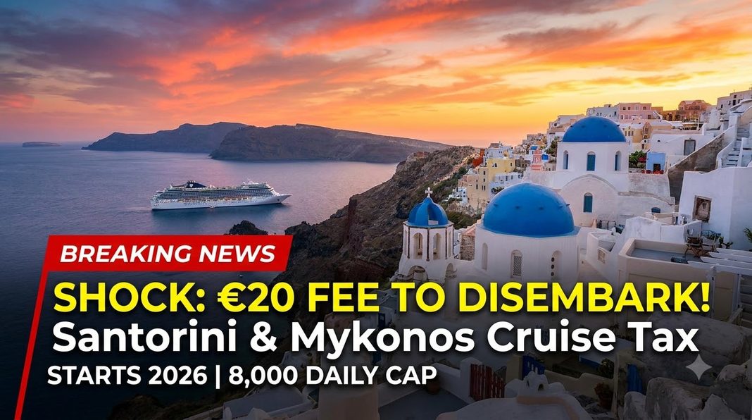 Greece charges cruise passengers €20 to disembark in Santorini and Mykonos in peak season. See 2026 rates, Santorini's 8,000-person daily cap and travel tips.